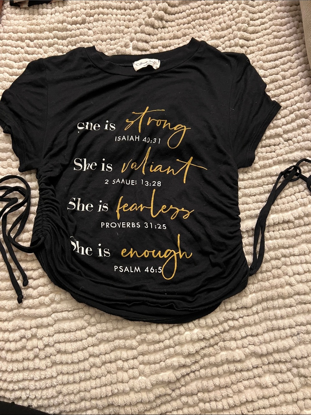 Source Unknown Black Tee with Gold Script Inspirational Text